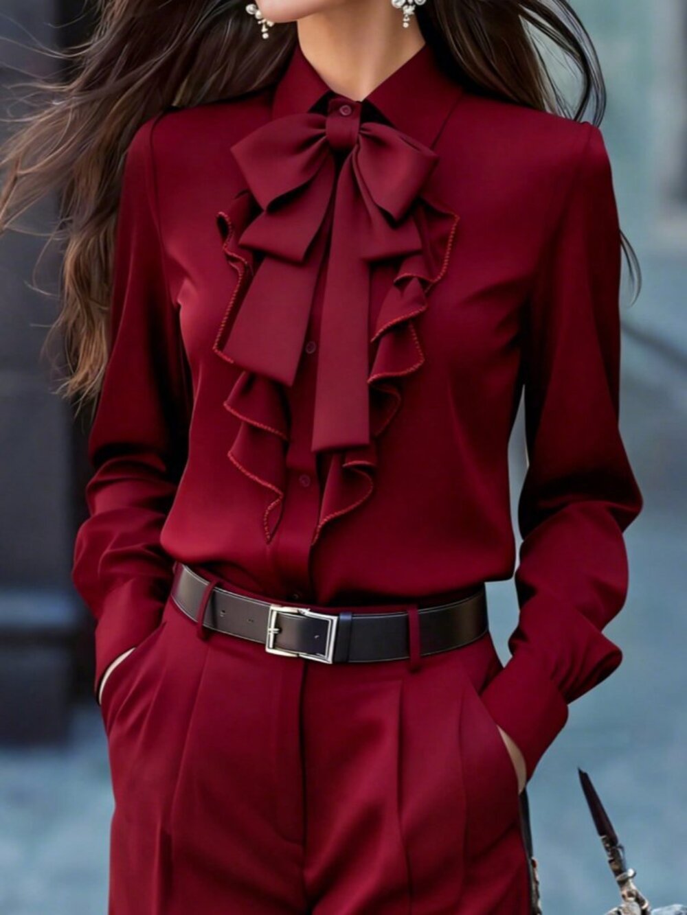 Burgundy Elegant Women's Long Sleeve Blouse with Tie Collar, Ruffle-Bow - Picture 5 of 5